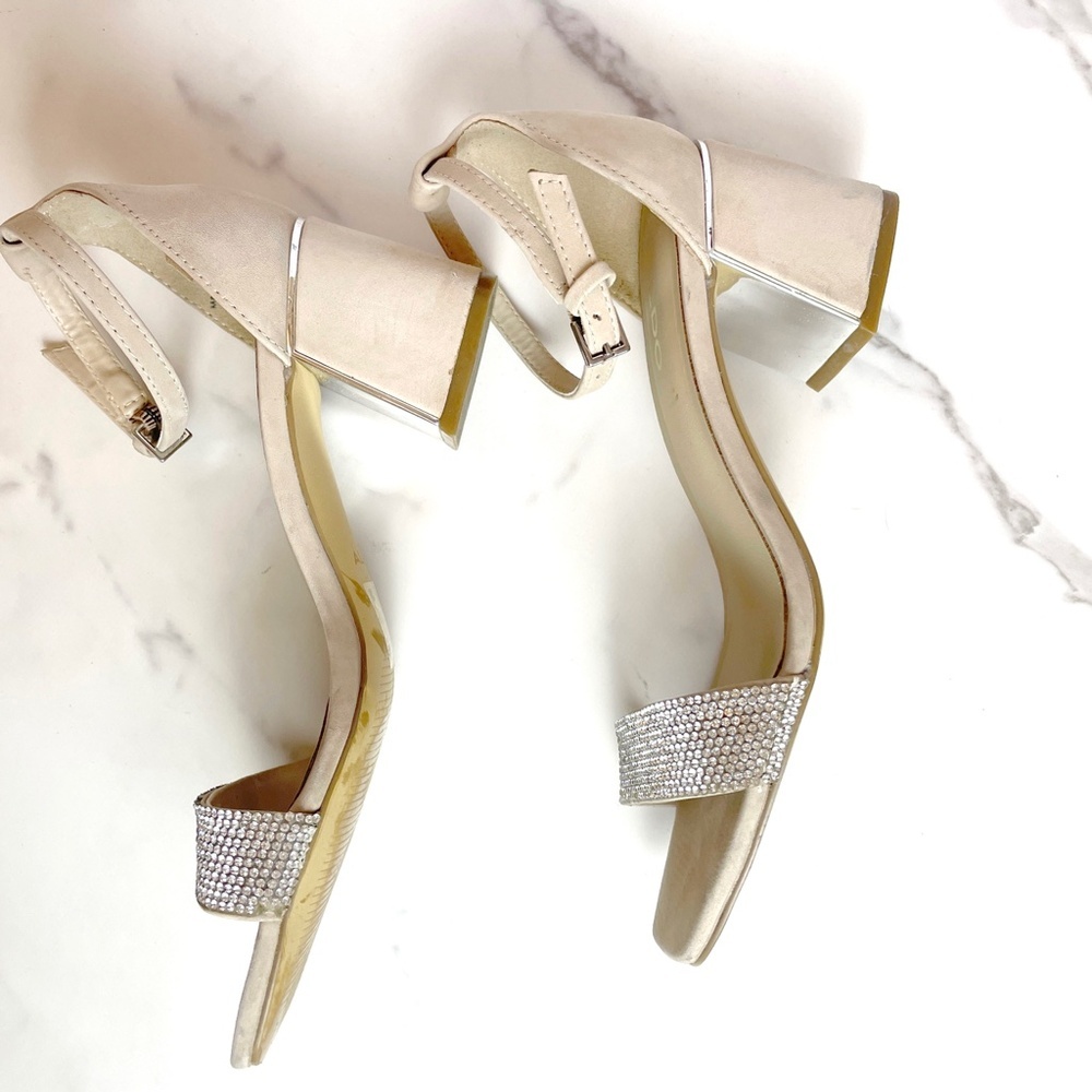 Aldo Kedeaviel Strappy Heeled OpenToe Sandals Metallic Silver Rhinestone Beige 5 - Picture 10 of 11